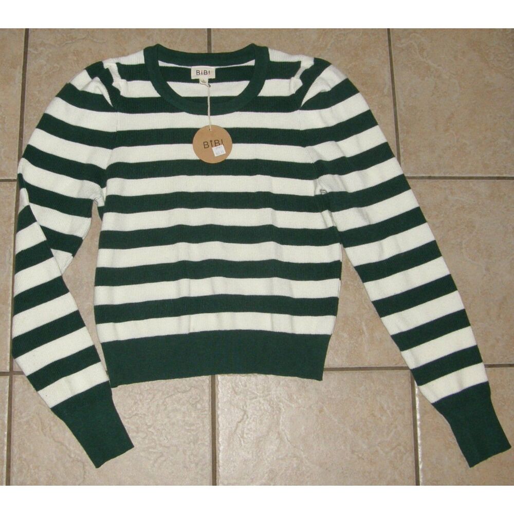 BIBI Dark Green Striped Sz Large Stretchy Ribbed Crew Neck Pullover Sweater NEW